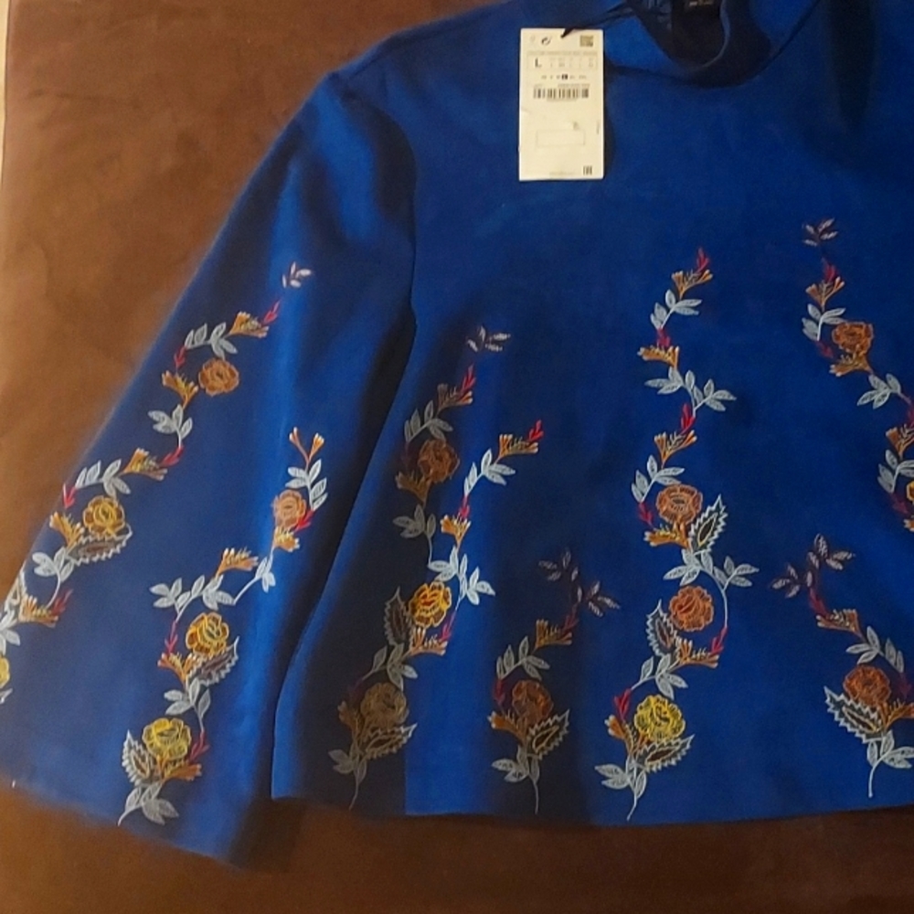 Zara navy blue velour embroidery flower blouse.